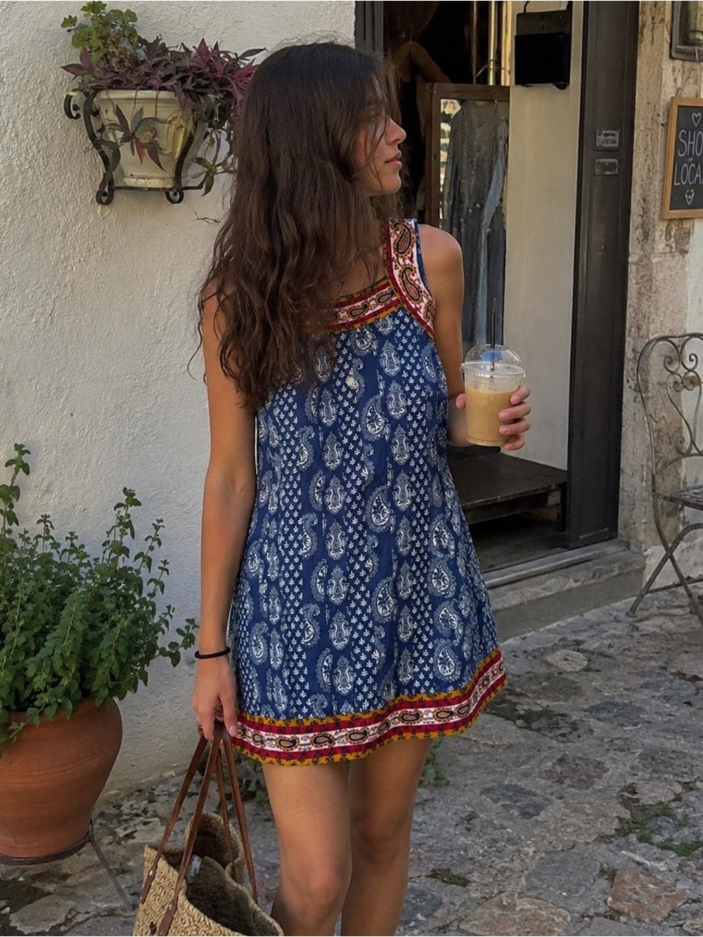 Boho Paisley Embroidered Trim Mini Dress Size M
